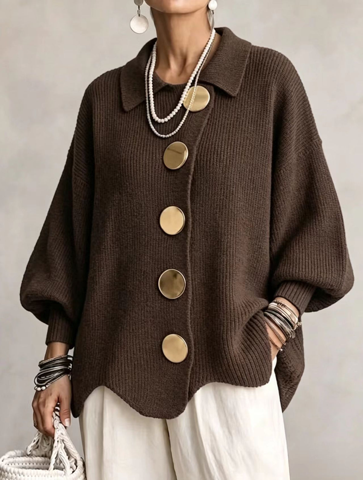 Women's French-Style Knit Top with Metal Buttons