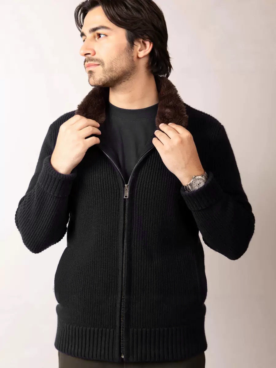 Men's Fur-Collar Knitted Cardigan