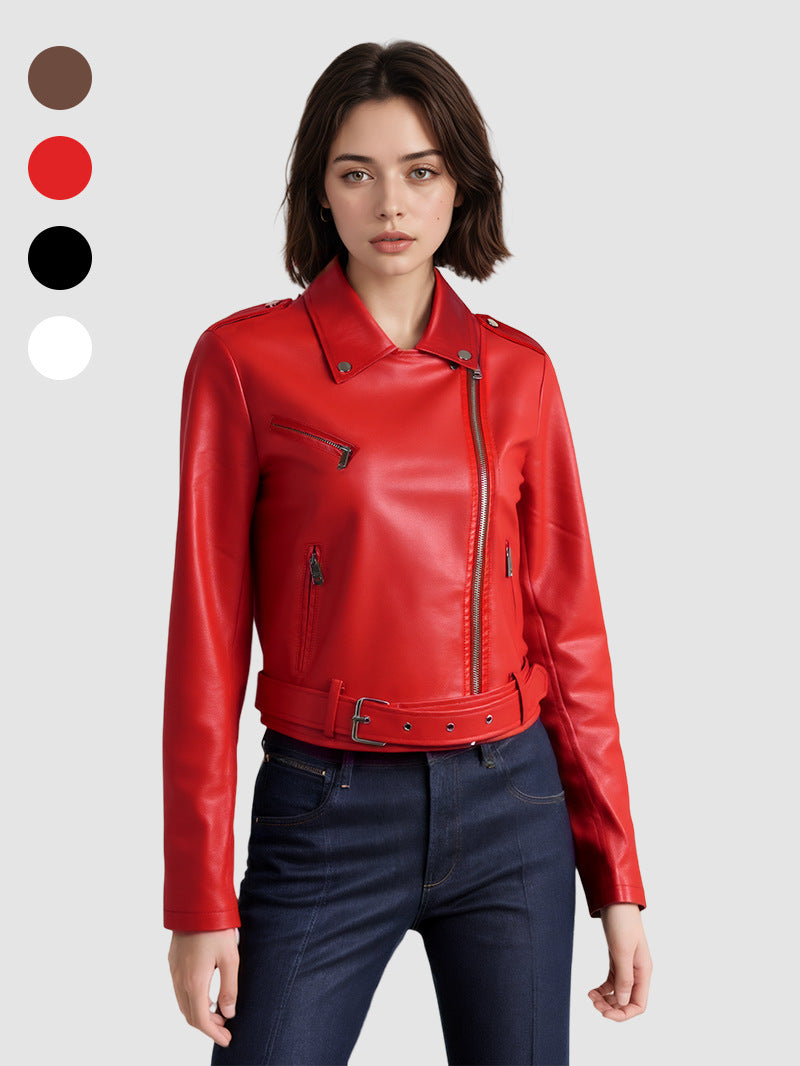 Womens PU Leather Motorcycle Jacket Lapel Short Belt