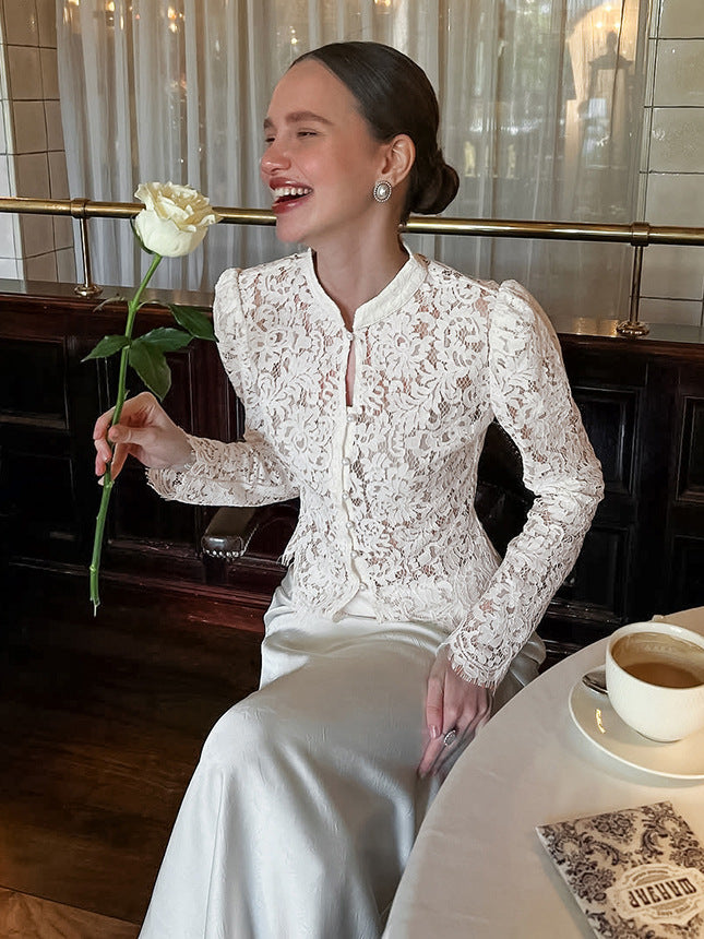 Women's Lace Jacquard Puff-Sleeve Blouse