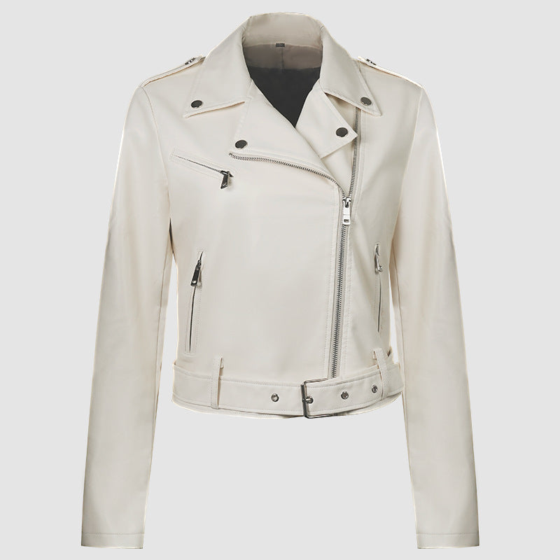 Womens PU Leather Motorcycle Jacket Lapel Short Belt