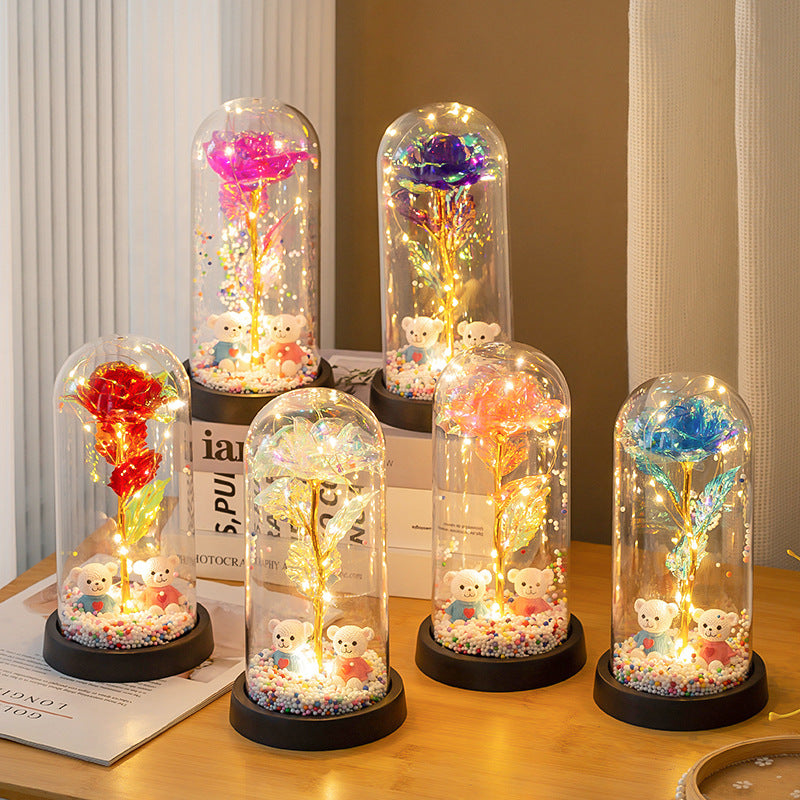 Eternal Rose LED Lamp with Bear Couple Desktop Decoration