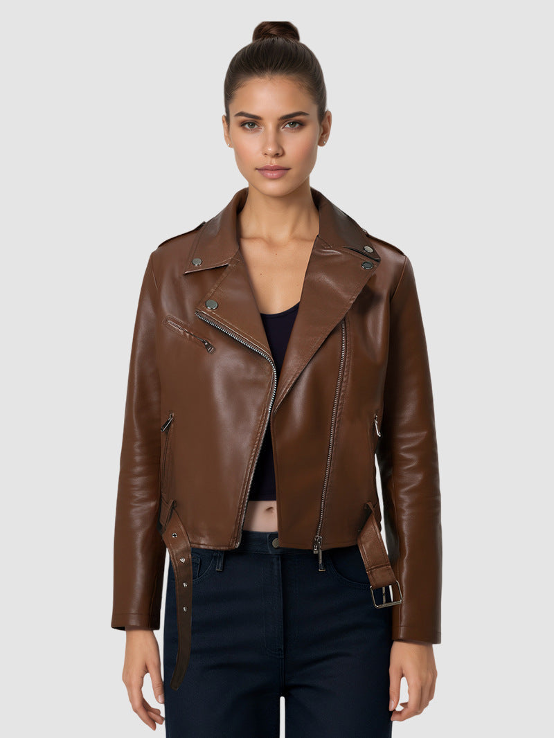 Womens PU Leather Motorcycle Jacket Lapel Short Belt