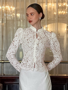 Women's Lace Jacquard Puff-Sleeve Blouse