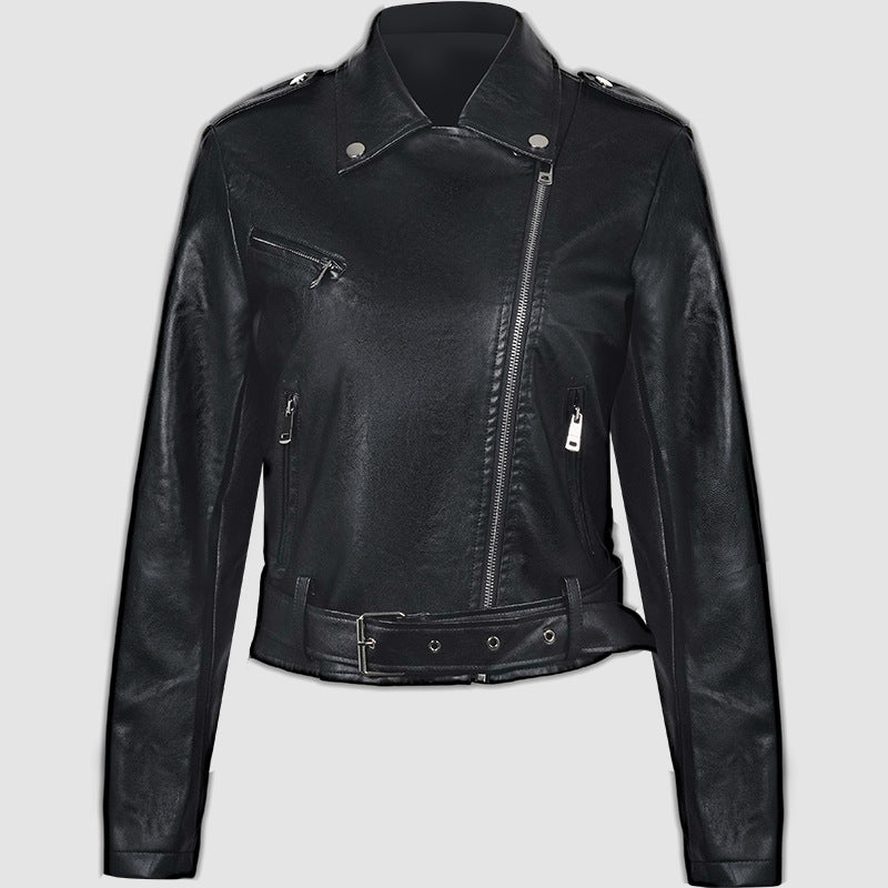 Womens PU Leather Motorcycle Jacket Lapel Short Belt