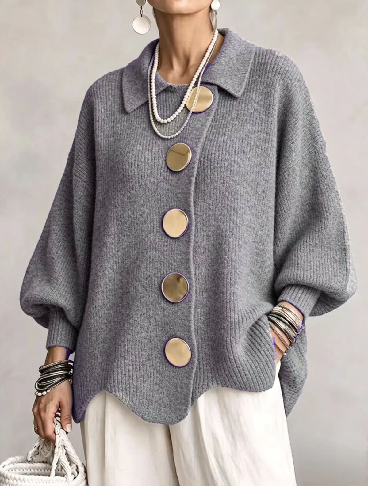 Women's French-Style Knit Top with Metal Buttons