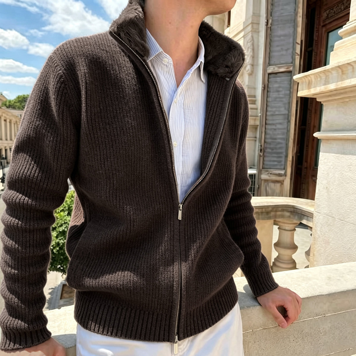 Men's Fur-Collar Knitted Cardigan