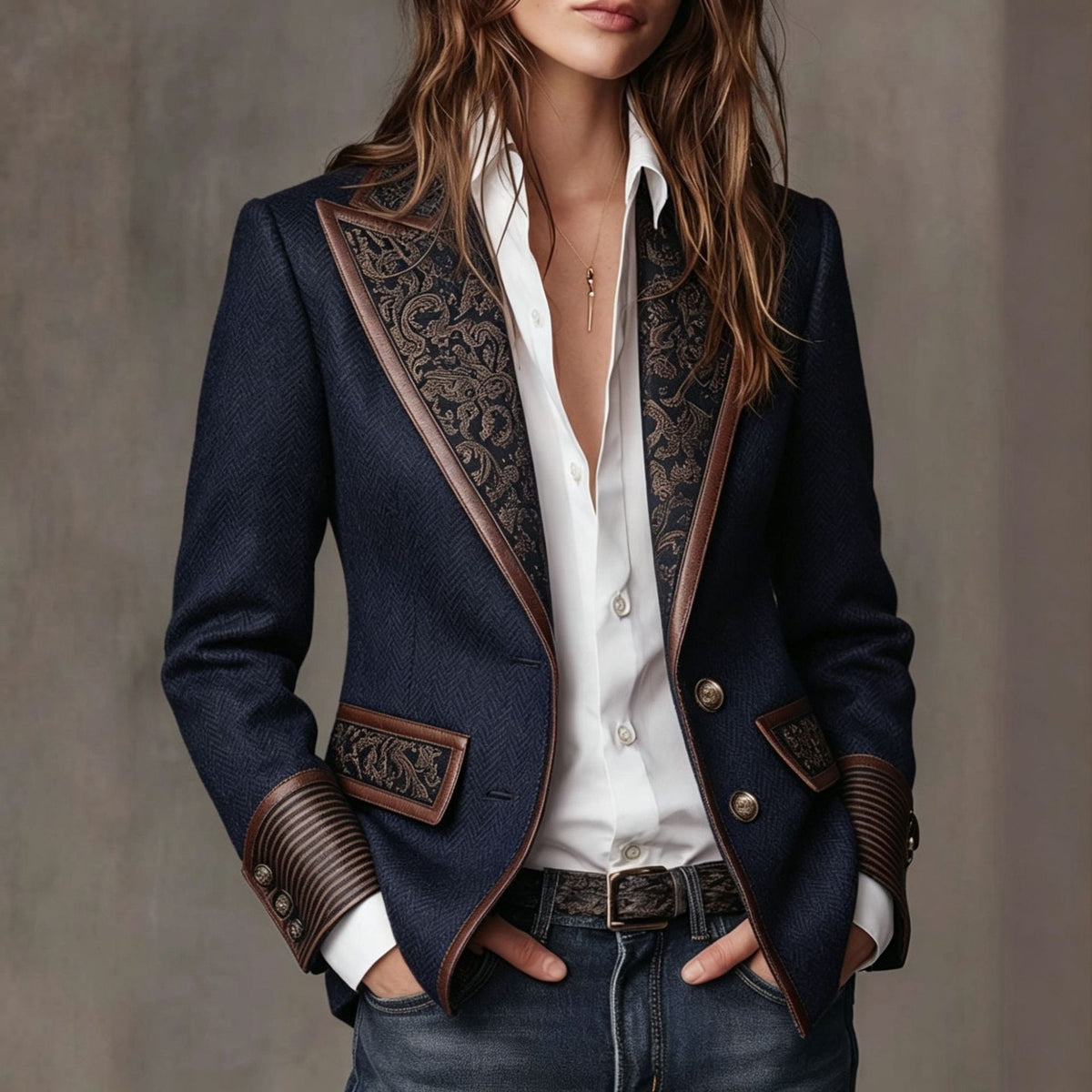 French Retro Contrast Suit Collar Womens Jacket