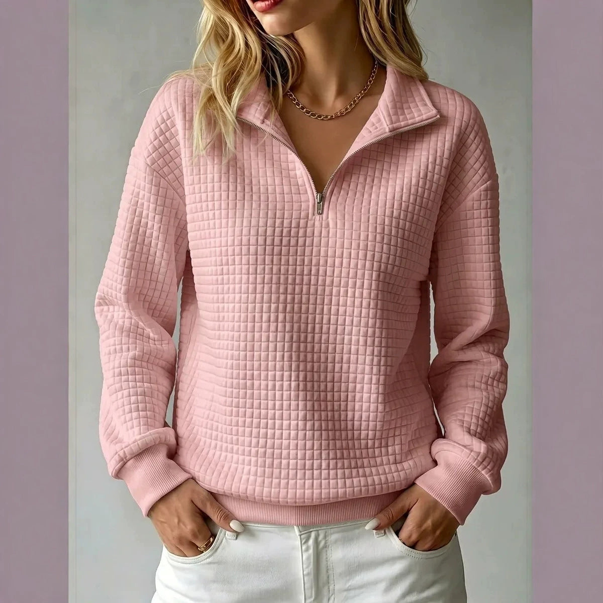 Women's Waffle-Knit Zip-Up Long-Sleeve Top