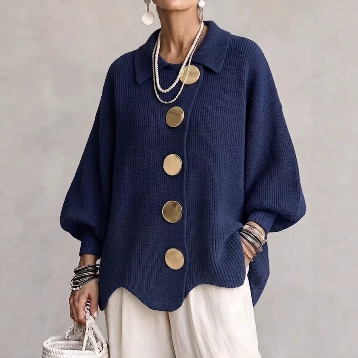 Women's French-Style Knit Top with Metal Buttons