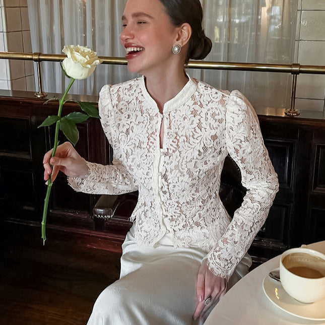 Women's Lace Jacquard Puff-Sleeve Blouse