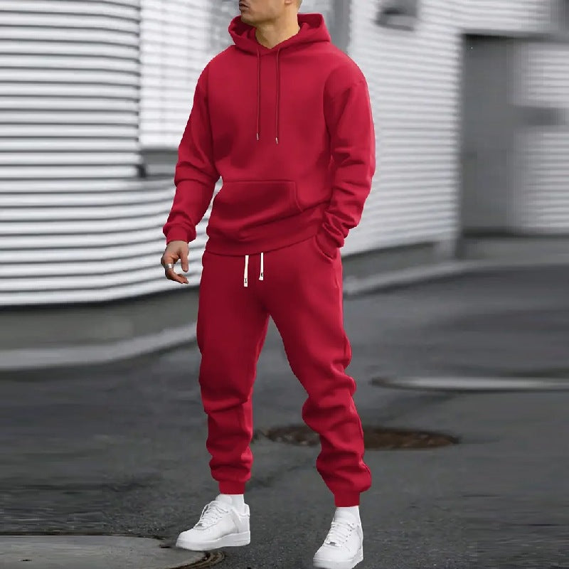 Mens Solid Color Hooded Sweatshirt and Pants Set