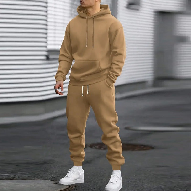 Mens Solid Color Hooded Sweatshirt and Pants Set