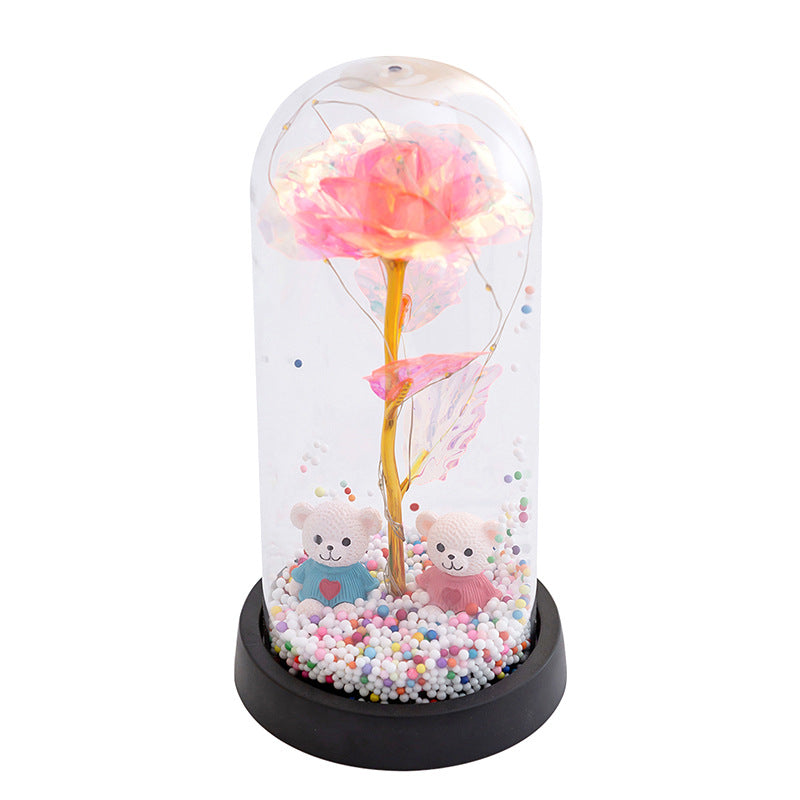Eternal Rose LED Lamp with Bear Couple Desktop Decoration