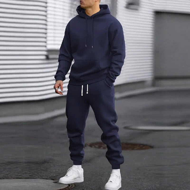 Mens Solid Color Hooded Sweatshirt and Pants Set