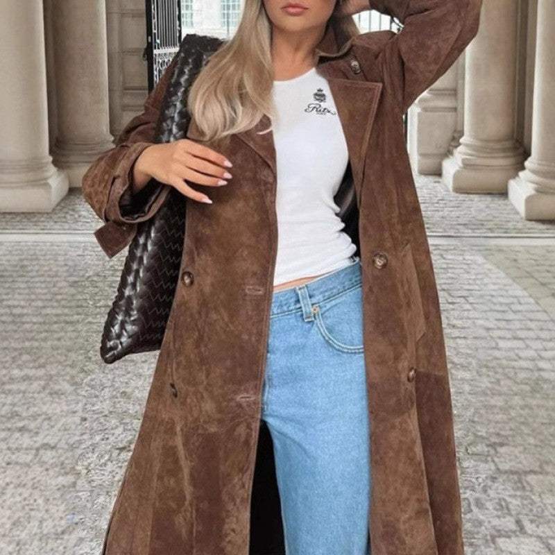 Womens Retro Elegant Long Suede Coat