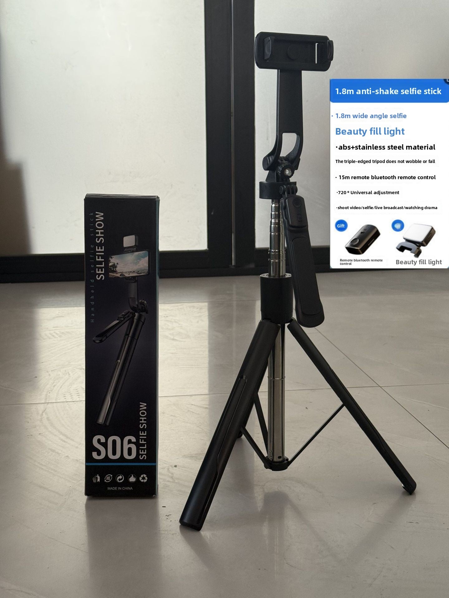 Adjustable Bluetooth Selfie Stick with Tripod and Fill Light