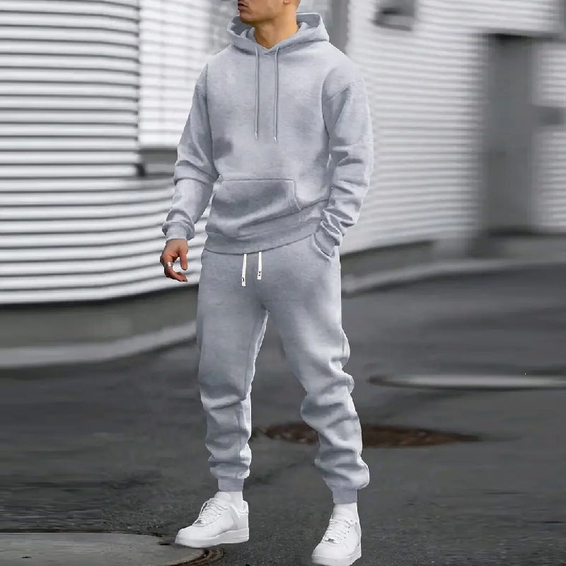 Mens Solid Color Hooded Sweatshirt and Pants Set