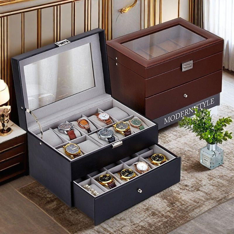 Leather Watch Storage Box with Clear Lid