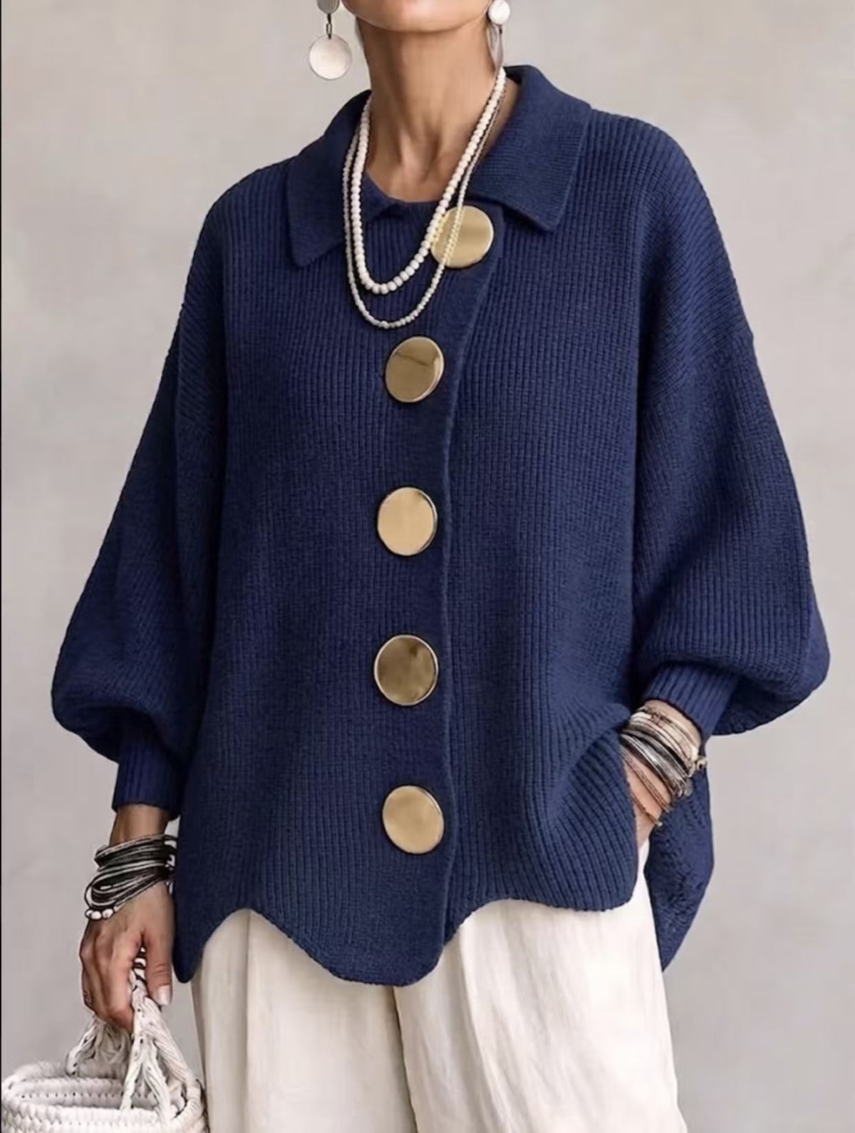 Women's French-Style Knit Top with Metal Buttons