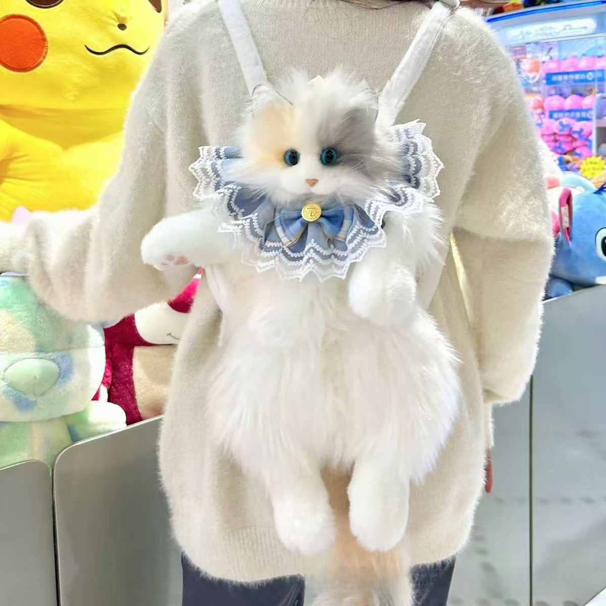 Calico Cat Plush Toy Doll Lifelike Stuffed Animal with Backpack