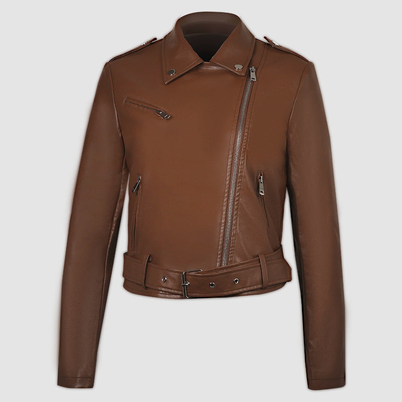 Womens PU Leather Motorcycle Jacket Lapel Short Belt