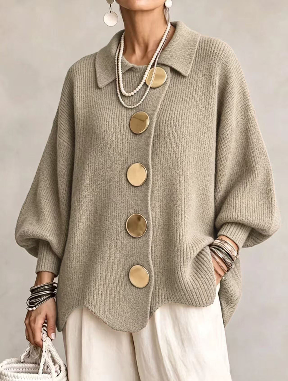 Women's French-Style Knit Top with Metal Buttons