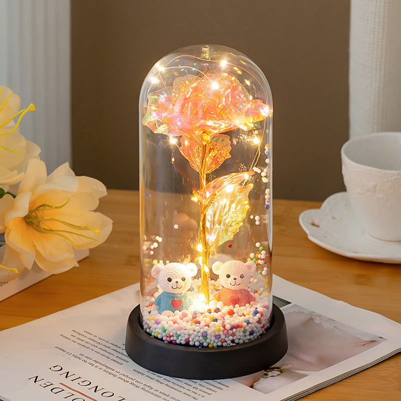 Eternal Rose LED Lamp with Bear Couple Desktop Decoration
