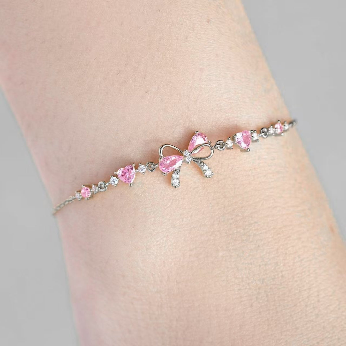 Adjustable Silver Bow Bracelet with Zircon