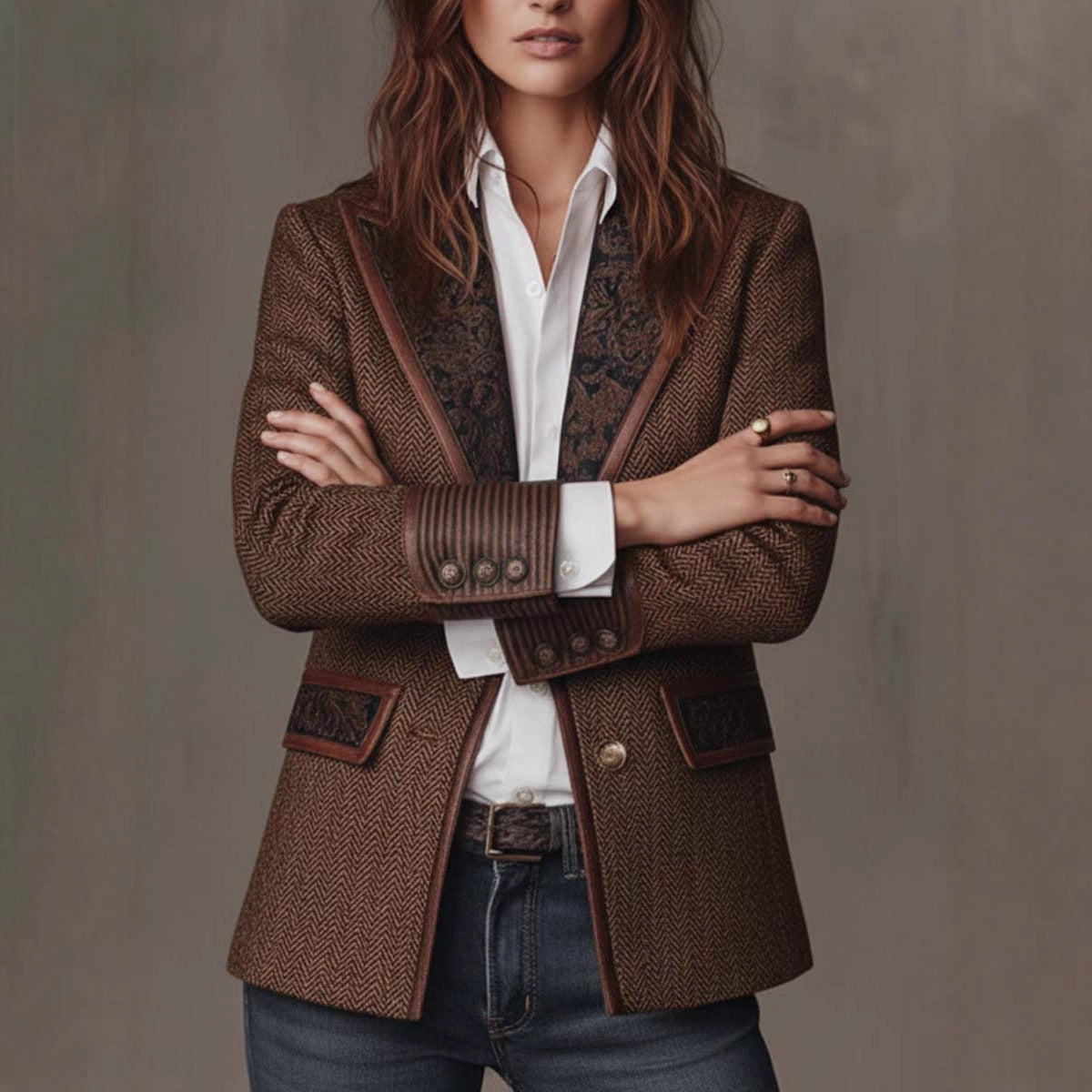 French Retro Contrast Suit Collar Womens Jacket