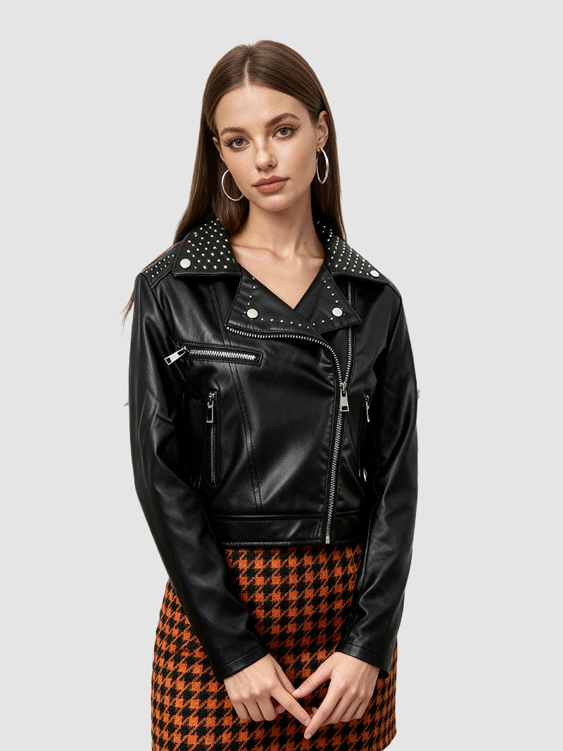 Women's short PU faux leather fitted V-neck zipper jacket