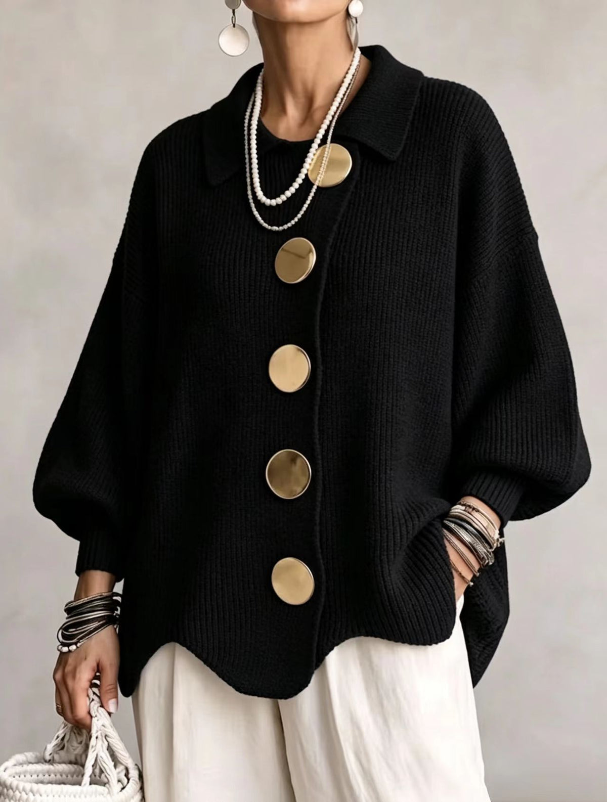 Women's French-Style Knit Top with Metal Buttons