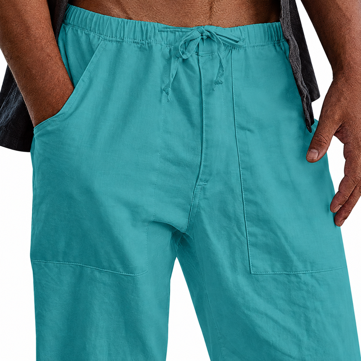 Sky cyan trousers waistband and pocket detail - enlarged illustration based on supplier image